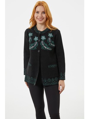 Sementa Hakim Yaka Renkli Desenli Triko Hırka - Siyah