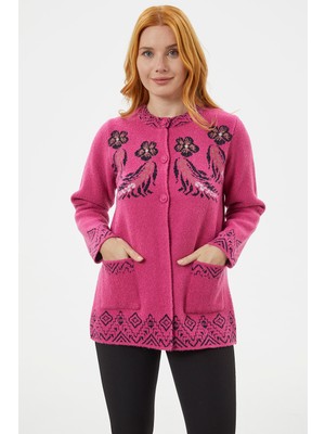 Sementa Hakim Yaka Renkli Desenli Triko Hırka - Fuşya