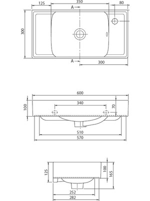 Turkuaz Seramik Sharp 60X30 cm  Sağ Delikli Lavabo