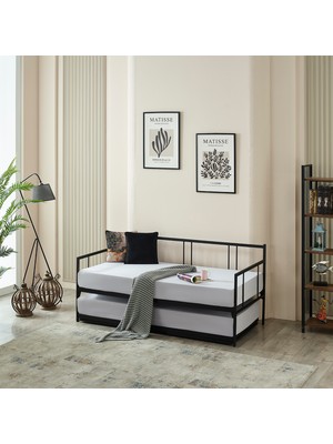 Bedliga Forte Yavrulu Karyola Daybed Tek-Çift Kişilik Metal Karyola+Yatak Seti Siyah