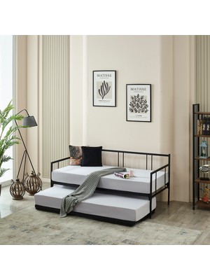 Bedliga Forte Yavrulu Karyola Daybed Tek-Çift Kişilik Metal Karyola+Yatak Seti Siyah