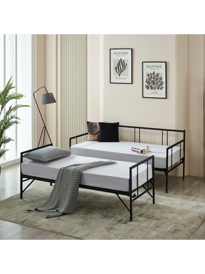 Bedliga Forte Yavrulu Karyola Daybed Tek-Çift Kişilik Metal Karyola+Yatak Seti Siyah