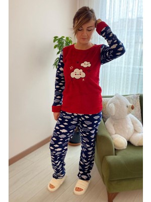 Sharin Kadın Kırmızı Desenli Kışlık Polar Peluş Pijama Takımı 18D-1904