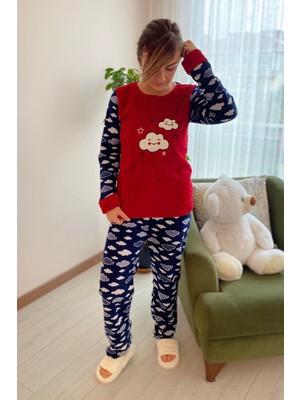 Sharin Kadın Kırmızı Desenli Kışlık Polar Peluş Pijama Takımı 18D-1904