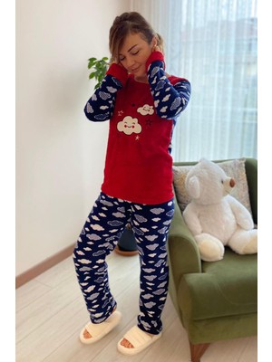 Sharin Kadın Kırmızı Desenli Kışlık Polar Peluş Pijama Takımı 18D-1904