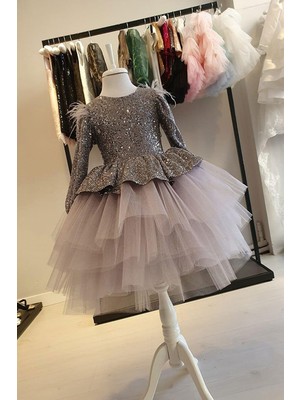 Masho Trend Omzu Tüylü V Sırt Payetli Kız Çocuk Elbise - Çocuk Abiye Elbise - Kız Abiye - Çocuk Mezuniyet Elbisesi