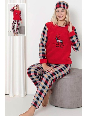 Sharin Kadın Kırmızı Desenli Welsoft Desenli Kışlık Polar Pijama Takım 1D-0217