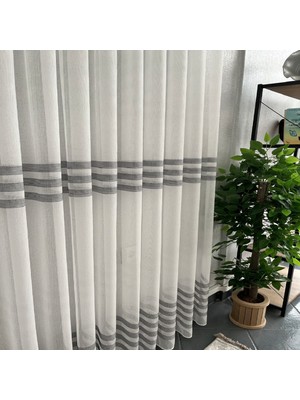 Evdepo Home Taç Eteği Gri Çizili 1/3 Sık Pile Tül Perde Tek Kanat - Ekru - Gri 100 x 270 cm