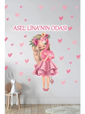 Kt Grup Sevgi Dolu Kız Flamingo Isme Özel Çocuk ve Bebek Odası Kapı Dolap Sticker Seti