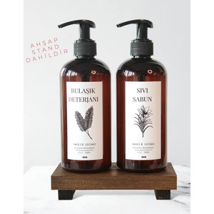IMKER HOME Ahşap Stantlı Amber Plastik Pompalı Bulaşık Deterjanı Sıvı Sabunluk Şişesi 500ML