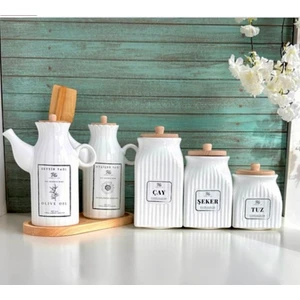 PEMBELİA LİFE 6 Parça Bambu Standlı 2’li Porselen 1000ML Yağdanlık ve 3’lu Çay Şeker Tuz Kavanoz Set