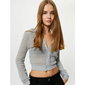Crop File Kapşonlu Fermuarlı Sweatshirt Simli Slim Fit