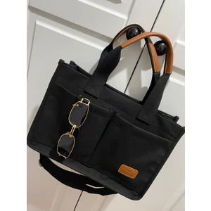 Kadın Kanvas Siyah Cepli Tote Bag Omuz Çantası