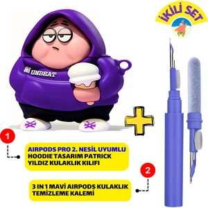 Pro 2. Nesil Uyumlu Hoodie Patrick Kulaklık Kılıfı ve Mavi 3'ü 1 Arada Kulaklık Temizleme Kalemi