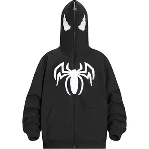 Siyah Spider Maske Kapüşonlu Oversize Hırka