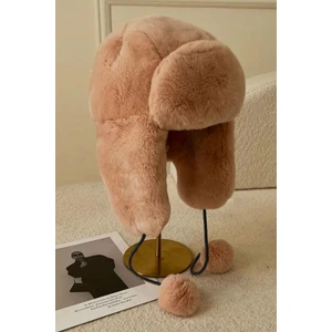 Camel Peluş Kulaklı Ponponlu Bere Şapka