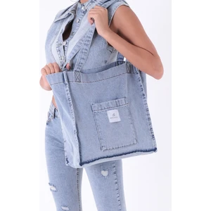 Bery Mood Açık Mavi Cepli Kare Kot Bez Kol & Omuz Çantası Tote Bag Kanvas Iş Günlük Jean Model Yazlık 35X35