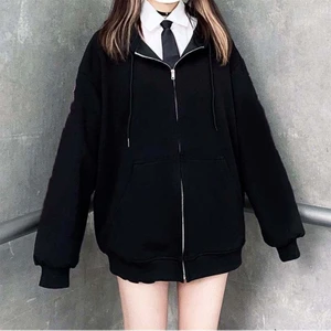 Düz Oversize Siyah Orta Kalın Fermuarlı (Unisex) Kapşonlu