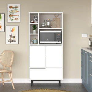 Robin Home Lidya Mutfak Kiler Dolabı Mikrodalga 3 Kapaklı Raflı Metal Ayaklı Beyaz