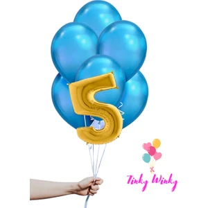 Tinky Winky Gold Rakam Folyo ve Mavi Balon Doğum Günü Balon Zincir Parti Seti