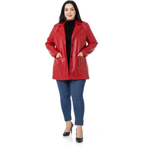 Disentis Modest Büyük Beden Torba Cepli Düğmeli Astarlı Kırmızı Suni Deri Ceket