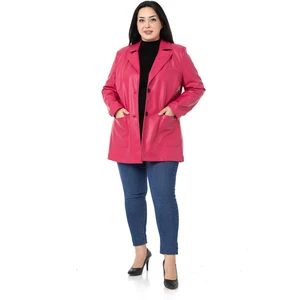 Disentis Modest Büyük Beden Torba Cepli Düğmeli Astarlı Fuşya Suni Deri Ceket