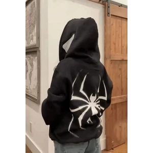 Siyah Kapüşonlu Sırt Baskılı Spiderman Maske Hırka