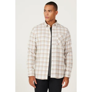 Altınyıldız Classics Erkek Bej-gri Slim Fit Dar Kesim Düğmeli Yaka Sıcak Tutan Kareli Kışlık Flanel Oduncu Gömlek