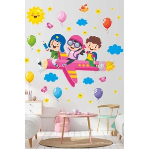 Sticker Ekspres Kalemde Uçan Çocuklar Anaokulu Okul Çocuk Odası Kreş Duvar Kapı Cam Sticker Seti