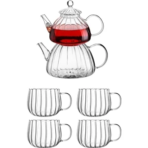 Borosilikat Dilimli Cam Çaydanlık & 4 Adet Dilimli Cam Kupa