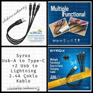 Usb-A To Type-C +2 USB To Lightning 2.4A Çoklu Kablo - 3in1 Smart Series 2.4A Fast Charge C144 Örgülü Kablo C144 2.4A Hasir 3 In 1 2 x Type-C 1 x Lightnıng Iphone & Data Kablosu