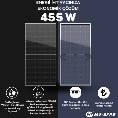 HT-SAAE HT72-166M Transparan 455 Wp Ekonomik Güneş Paneli Half-Cut Monokristal Yüksek Verimli Düşük