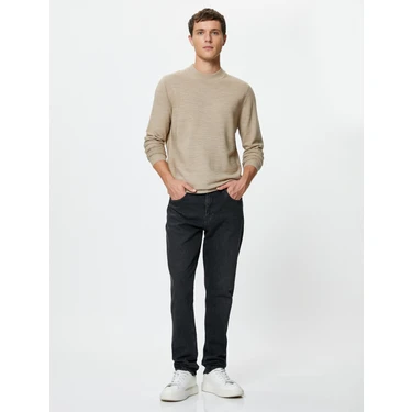 Koton Basic Triko Kazak Slim Fit Dik Yaka Dokulu Uzun