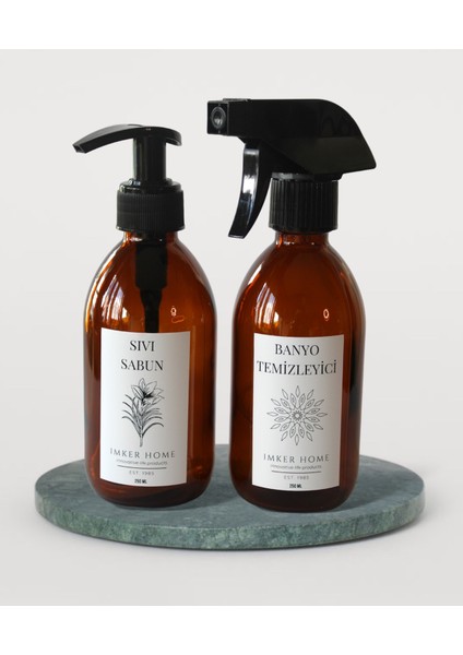 Amber Cam Pompalı Sıvı Sabunluk Fısfıslı Banyo Temizleyici Şişesi 250ML 2li Set