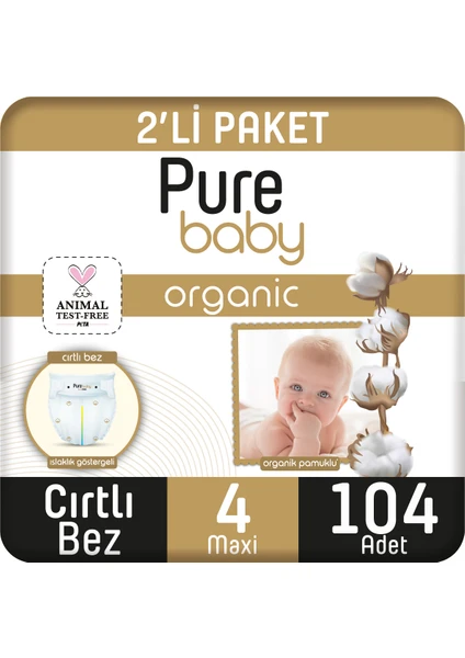 Baby Organik Pamuklu Cırtlı Bez 2'li Paket 4 Numara Maxi 104 Adet