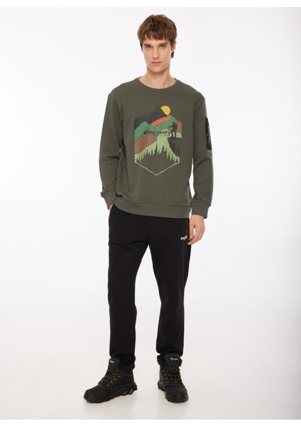 Haki Erkek Bisiklet Yaka Baskılı Sweatshirt D3WM-SWT38