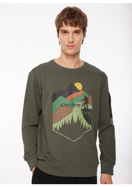 Haki Erkek Bisiklet Yaka Baskılı Sweatshirt D3WM-SWT38