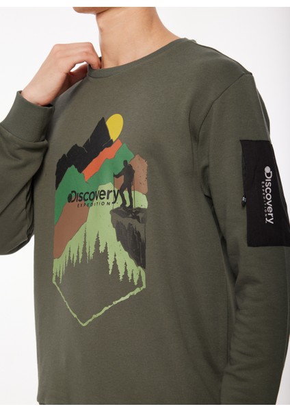 Haki Erkek Bisiklet Yaka Baskılı Sweatshirt D3WM-SWT38