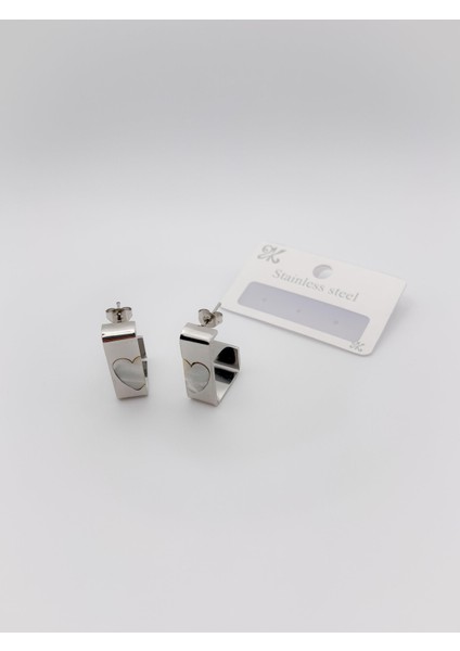 Çelik Marka Model Geometrik Kalp Detaylı Küpe Renk Gümüş
