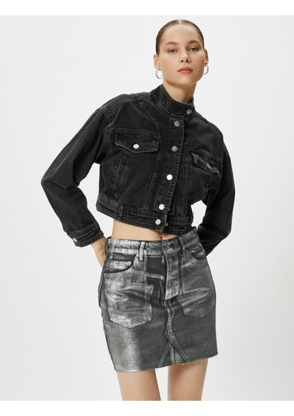 Varaklı Parlak Mini Kot Etek Standart Bel Cepli