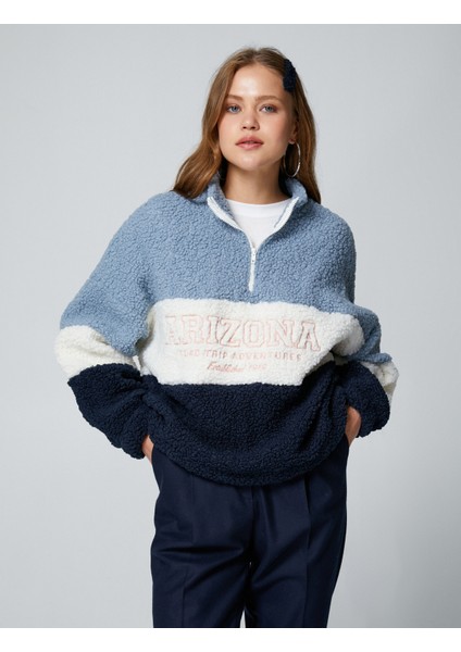 Peluş Oversize Sweatshirt Dik Yaka Fermuarlı Slogan Işlemeli