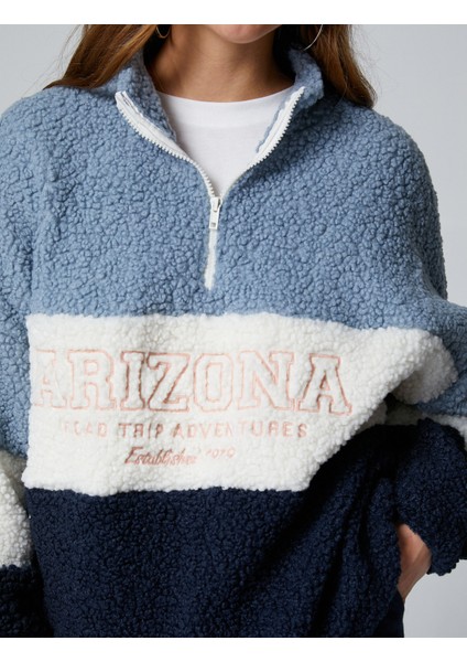 Peluş Oversize Sweatshirt Dik Yaka Fermuarlı Slogan Işlemeli