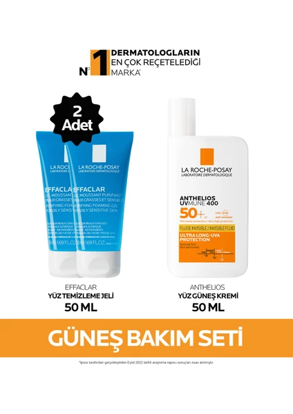 Güneş Bakım Seti: Effaclar Yüz Temizleme Jeli 50MLX2&Antehlios Uvmune Fluide Güneş Kremi SPF50+ 50ML