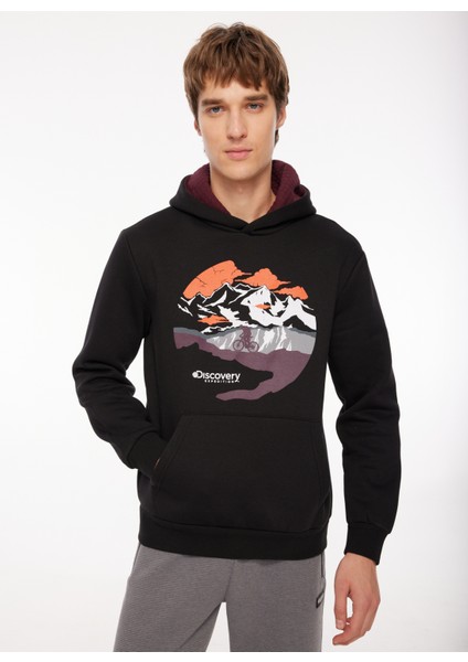 Siyah Erkek Kapüşonlu Baskılı Sweatshirt D3WM-SWT34