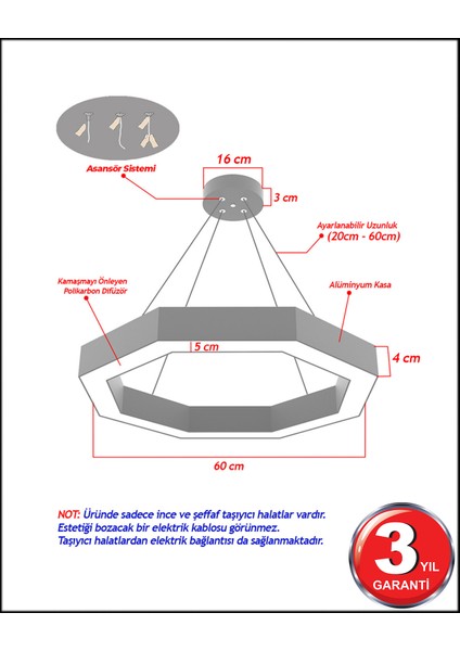 Hegza Lighting Octagon - Ledli Modern Sarkıt Linear LED Avize Salon Mutfak Oturma Odası Yatak Odası Antre Hol LED