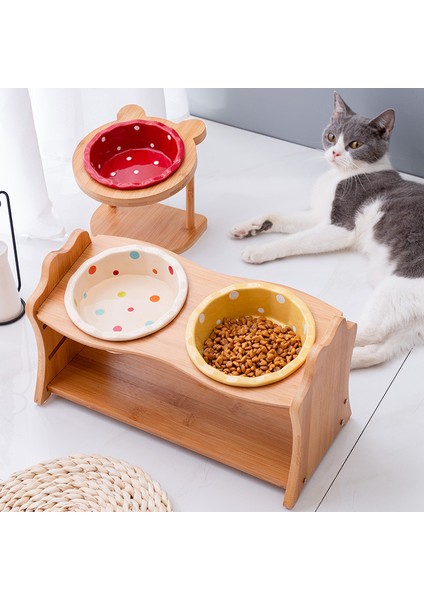 Çift Bowlyy Sevimli Evcil Hayvanlar Çift Kase Köpek Kedi Maması Su Besleyici Standı Yükseltilmiş Seramik Çanak Kase Ahşap Masa Evcil Hayvan Malzemeleri (Yurt Dışından) modelleri