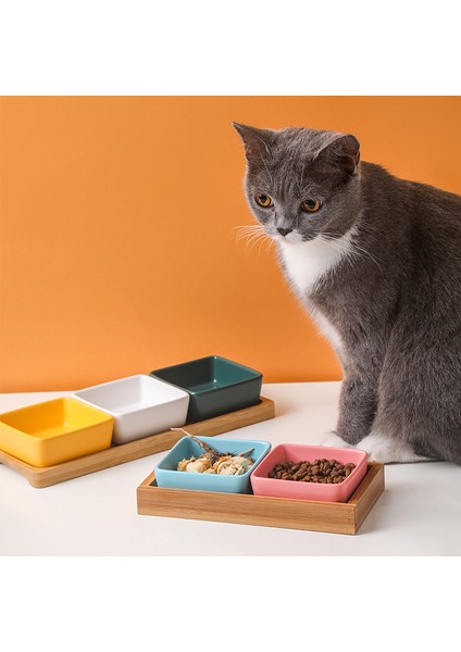 Ahşap 1 Kase Kare Kedi Seramik Kase Küçük Köpekler Mama Suyu Mini Kaseler Evcil Hayvan Içme Yeme Ahşap Bambu Paletli Besleyici Hamster Kuş Yemeği (Yurt Dışından)