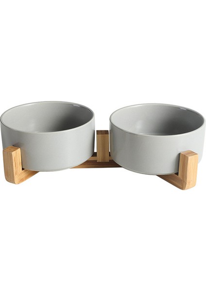 Gri Çift Kase M - 850ML Seramik Köpek Kasesi Kedi Maması Ahşap Standlı Su Kaseleri Dökülmez Köpekler Kediler Için Büyük Besleme Tabağı Besleme Köpek Kaseleri Evcil Hayvan Malzemeleri (Yurt Dışından)