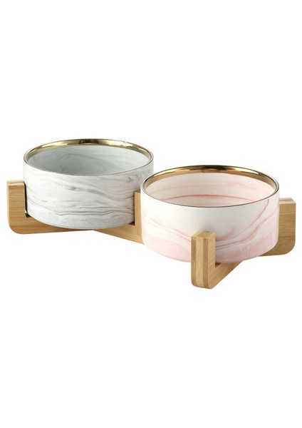 Beyaz Pembe Altın S - 400 ml Mermer Seramik Köpek Kasesi Kedi Maması ve Su Kaseleri Ahşap Standlı Büyük Düz Yüzlü Kediler Yavru Köpekler Için Ağır Evcil Hayvan Besleyici (Yurt Dışından)