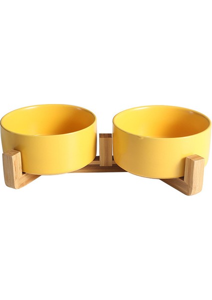 Sarı Çift Kase S-400ML Seramik Köpek Kase Kedi Maması Su Kaseleri Ahşap Standlı Dökülme Yok Köpekler Kediler Için Büyük Besleyici Çanak Besleme Köpek Evcil Hayvan Malzemeleri (Yurt Dışından)